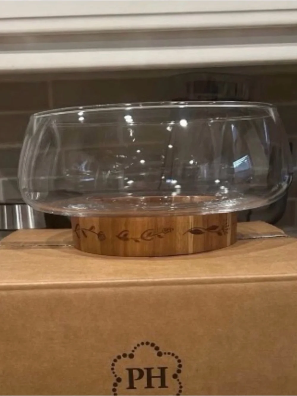 Princess House Clear Glass Pedestal Bowl with Natural Wood Base